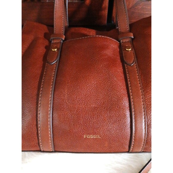 FOSSIL~ KINGSTON Satchel/Crossbody Cognac Leather Bag Logo - Picture 3 of 13